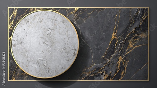 Marble slab with gold trim next to gold-veined black slab, top view, grey background