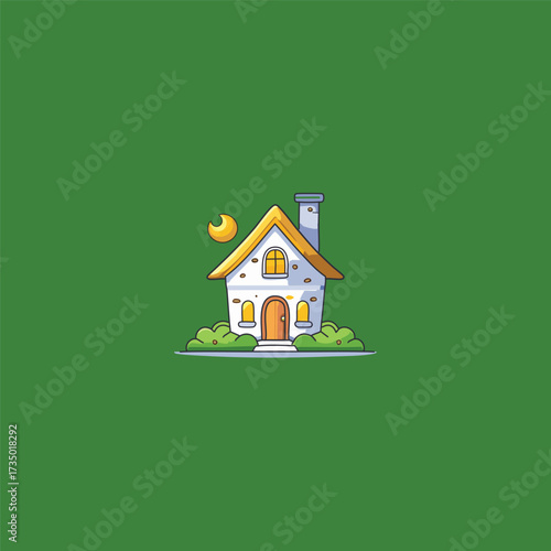2D vector cute house with green background