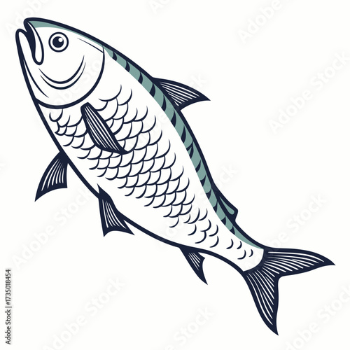 Stylized illustration of a single herring fish with detailed scales and fins depicted in a clean graphic style
