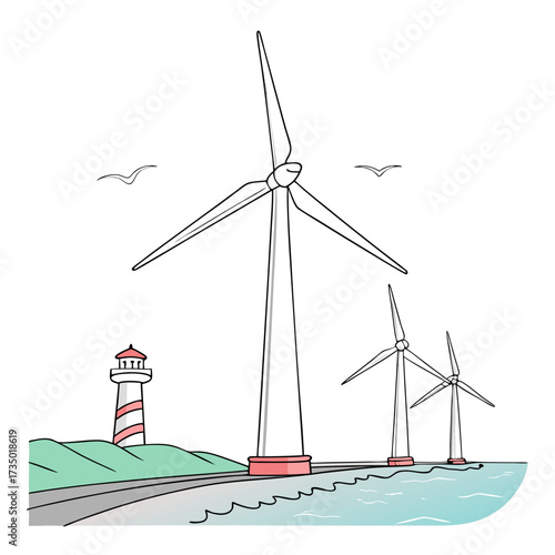 Coastal landscape featuring wind turbines and a lighthouse with seagulls flying overhead on a clear day