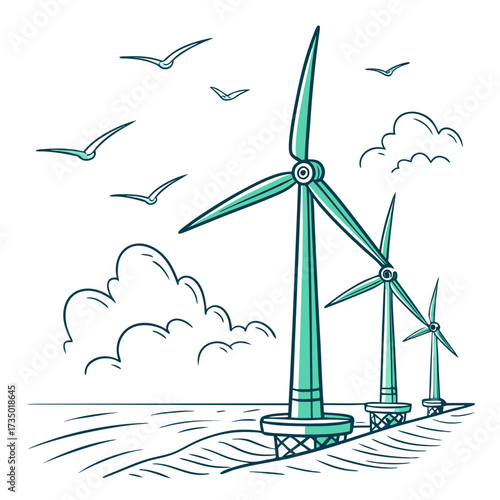 Illustration of offshore wind turbines generating clean energy in the ocean with seagulls flying above stylized clouds