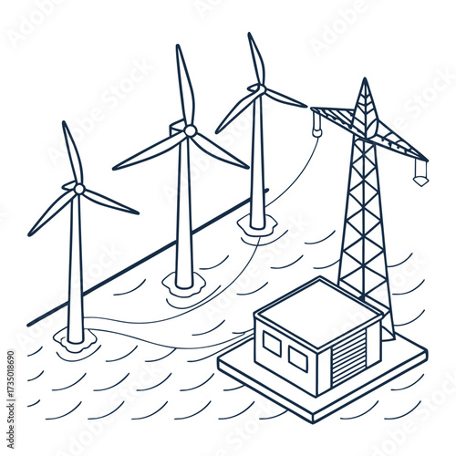 Offshore wind farm generating clean renewable energy connected to a substation and power transmission tower