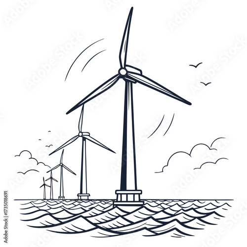 Offshore wind farm with multiple turbines generating clean renewable energy in the wavy ocean under a cloudy sky with birds flying