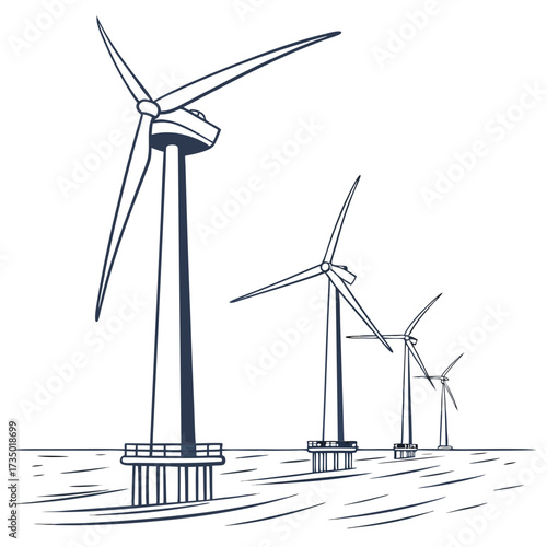 Offshore wind farm with multiple turbines generating clean renewable energy in the ocean on a white background