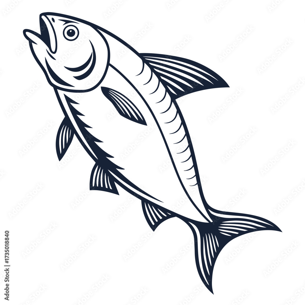 Obraz premium Stylized black and white illustration of a leaping tuna fish with its mouth open on a white background