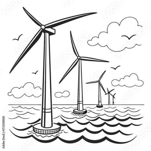 Offshore wind turbines generating clean renewable energy in the ocean with clouds and birds flying above