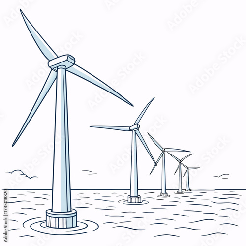 Row of offshore wind turbines generating clean renewable energy in the ocean under a bright sky