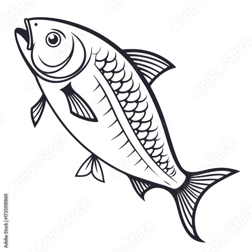 Stylized black and white line art illustration of a single fish with open mouth and detailed scales swimming upwards