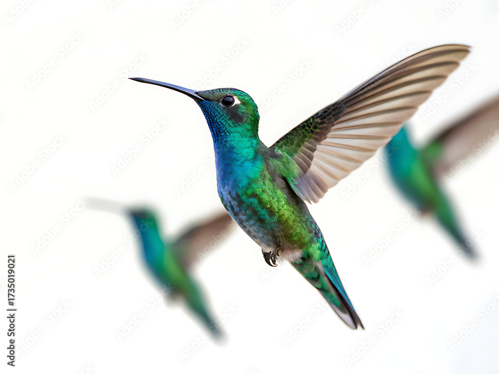 Obraz premium A flock of colorful hummingbirds in flight against a bright white background in a close up shot
