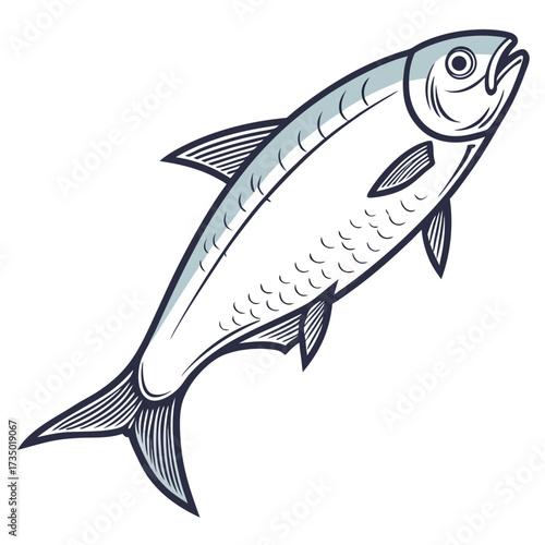Stylized illustration of a single silver fish with detailed fins and scales swimming upwards on a white background