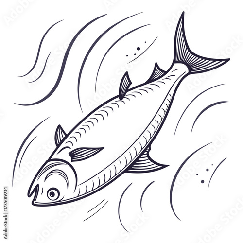 Stylized line art illustration of a single mackerel fish swimming gracefully through abstract wavy water currents