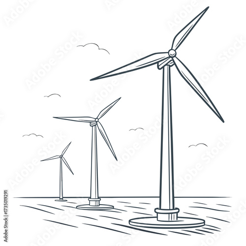 Three stylized wind turbines stand in a field under a cloudy sky representing clean energy generation