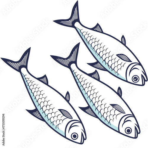 Three stylized sardines swimming in a school with detailed scales and fins on a white background