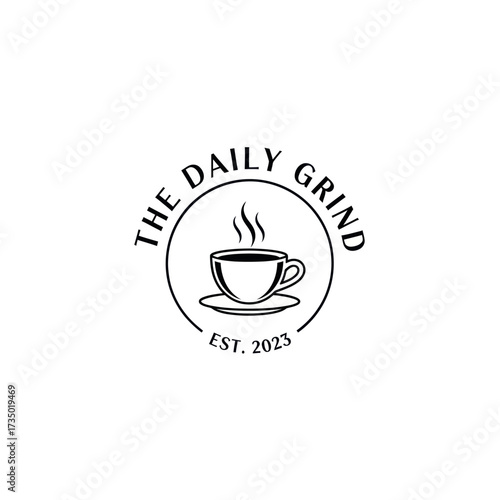 A simple, elegant black and white logo featuring a steaming coffee cup inside a circular frame.