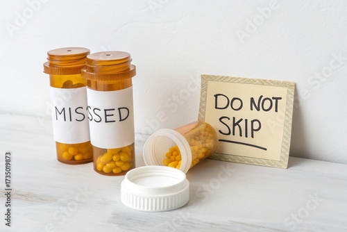 Prescription medication bottles labeled 'MISSED' and 'DO NOT SKIP' on a table, emphasizing adherence