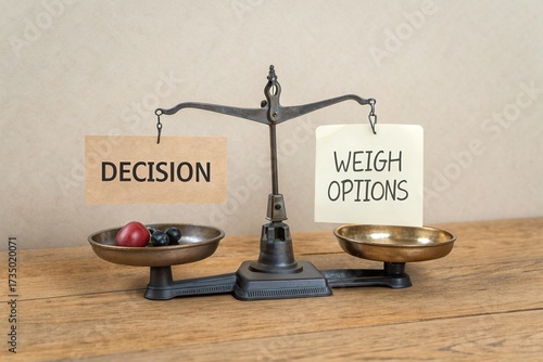 A vintage balance scale with a decision and weigh options sign, symbolizing choice and evaluation