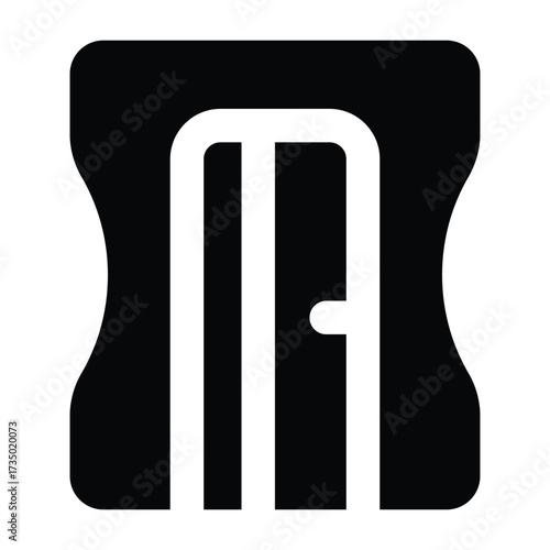 Solid black pencil sharpener illustration in minimal flat style, showing classic rectangular body. Ideal for school, drawing, and office projects.