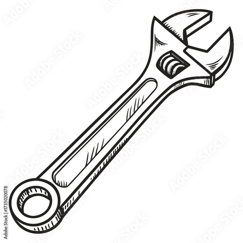 Detailed illustration of an adjustable wrench, a versatile tool used for gripping and turning nuts and bolts, essential for various mechanical tasks and repairs