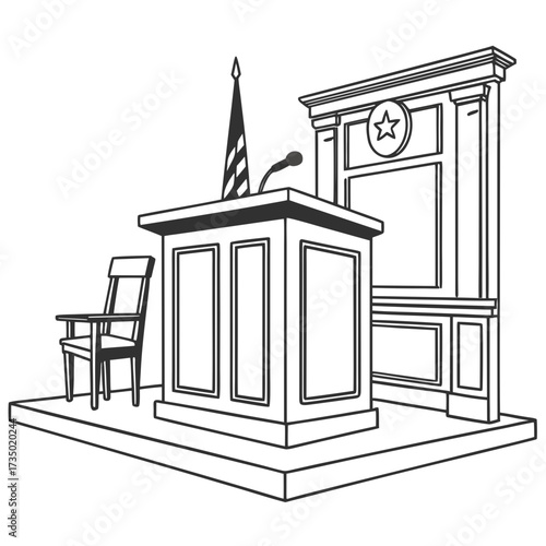 Illustration of a courtroom podium and chair with american flag, symbolizing law, justice, and legal proceedings, perfect for legal education