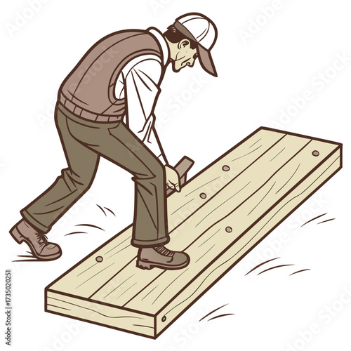 Carpenter planing a wooden plank man using a hand plane to smooth a board, woodworking and carpentry concept in a vintage style illustration