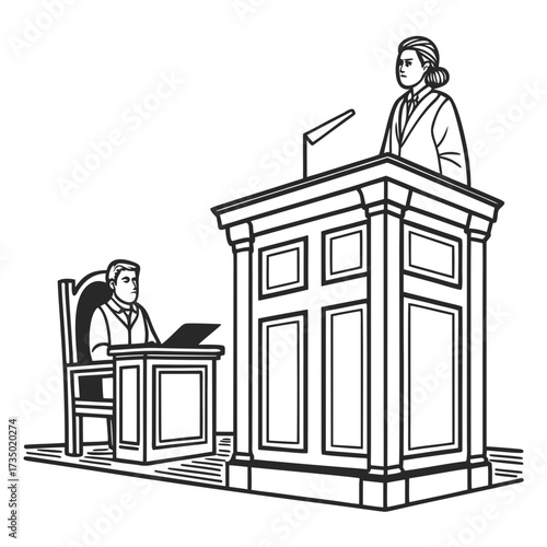 Illustration of a judge standing at a podium in a courtroom, delivering a speech, while a clerk sits at a desk