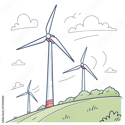 Three wind turbines stand gracefully on a verdant hill, surrounded by fluffy clouds, symbolizing clean energy and environmental sustainability