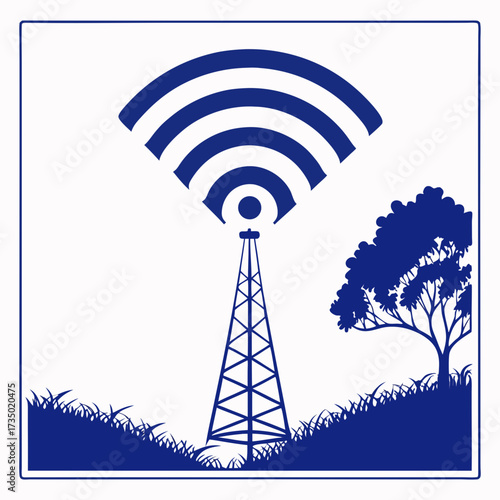 Illustration of a telecommunication tower emitting wifi signal in a rural landscape, concept for communication infrastructure and wireless technology