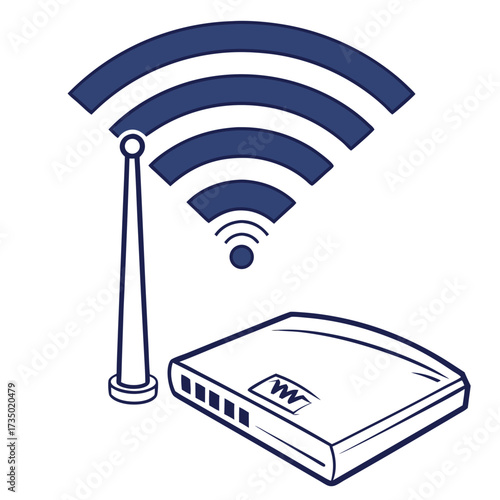 Illustration of a wireless router with antenna emitting wifi signal, concept for internet connection, home network, and wireless technology