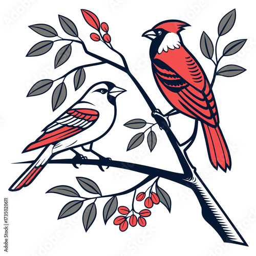 Illustration of two birds sitting on a branch with leaves and berries, the birds are red, white, and black with gray leaves