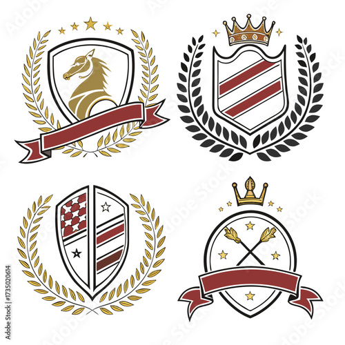 Collection of heraldic crests featuring shields, laurel wreaths, crowns, and banners, symbolizing nobility and tradition