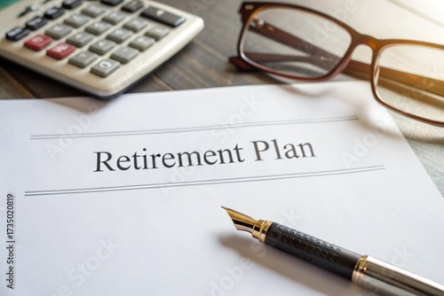Detailed retirement plan document on a wooden desk with a calculator and glasses in the background