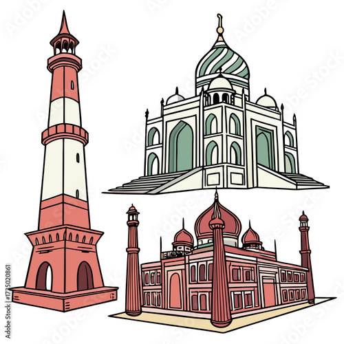 Stylized illustration of famous indian landmarks, including the taj mahal and a minaret, rendered in a colorful and artistic manner