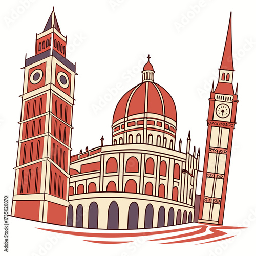 Whimsical illustration of famous european landmarks, including the leaning tower of pisa, florence cathedral, and big ben, creating a playful and artistic travel scene