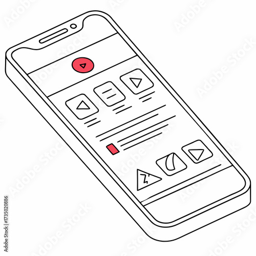 Isometric smartphone displaying a user interface with various buttons and controls, showcasing a modern and intuitive design