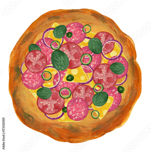 Hand-painted pizza isolated on white background, top view.