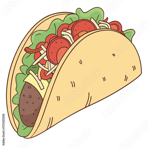 A tasty taco with ground beef, lettuce, tomatoes, cheese, and other toppings a delicious and satisfying meal for any occasion a vibrant and colorful illustration