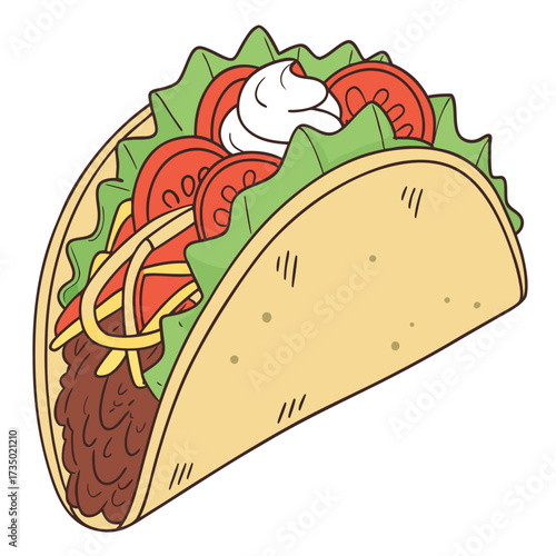 Delicious taco with ground beef, lettuce, tomatoes, cheese, and sour cream a tasty and satisfying meal for any occasion a vibrant and colorful illustration