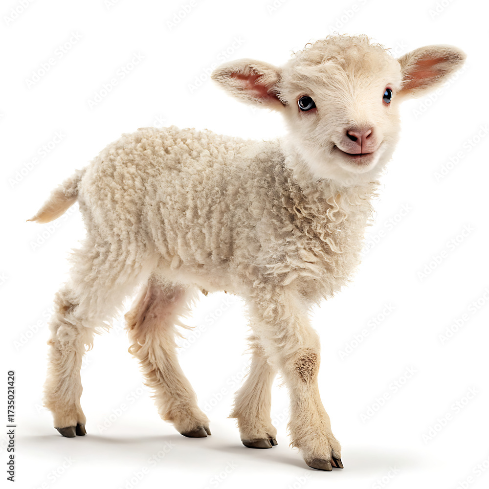 Fototapeta premium A fluffy white lamb standing on a white background with its head tilted slightly to the side posing