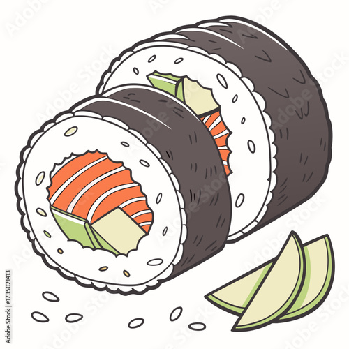 Delicious salmon sushi roll with avocado and rice, a delightful and healthy japanese cuisine experience with fresh ingredients