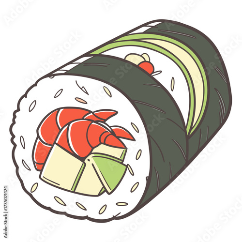 Delicious shrimp sushi roll with avocado and rice, a delightful and healthy japanese cuisine experience with fresh ingredients