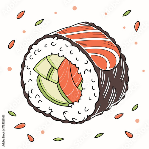 Delicious sushi roll with salmon, avocado, and rice, a delightful and healthy japanese cuisine experience with fresh ingredients