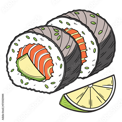 Illustration of a set of sushi rolls with salmon and lime, wrapped in nori seaweed and rice, a tasty and healthy japanese food