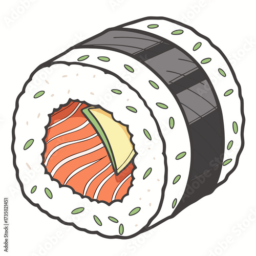 Illustration of a delicious sushi roll with salmon and avocado, wrapped in nori seaweed and rice, a tasty and healthy japanese food