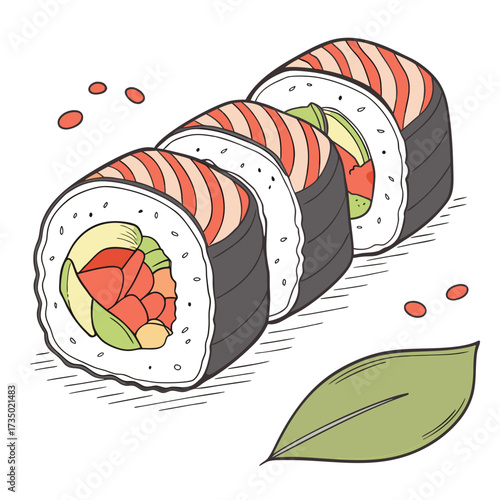 A delightful arrangement of sushi rolls featuring salmon, avocado, and tomato, , a flavorful and colorful japanese culinary experience