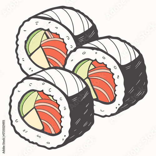 A trio of sushi rolls filled with salmon, avocado, and cucumber, , a delicious and artistic presentation of japanese culinary art