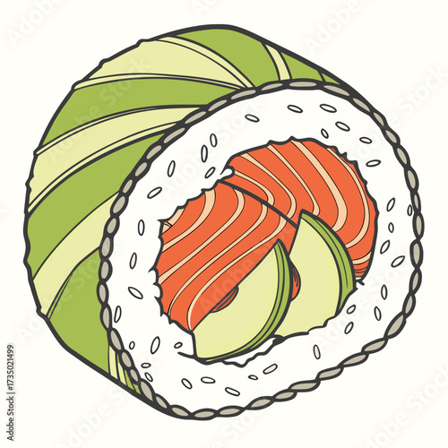 Delicious sushi roll with salmon, avocado, and cucumber, wrapped in nori seaweed and rice, , a tasty and healthy japanese cuisine treat