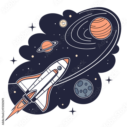 A cartoon space scene featuring a rocket ship, planets with rings and orbits, stars, and celestial bodies in a whimsical style