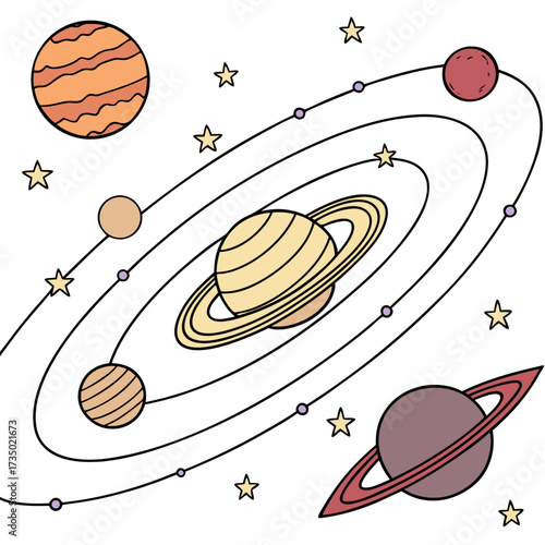 Hand drawn solar system illustration featuring planets, stars, and orbits, ideal for educational materials and spacethemed designs