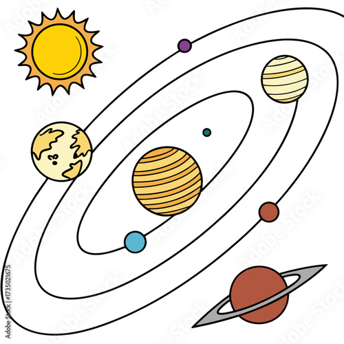 Hand drawn solar system illustration featuring the sun and planets orbiting around it, perfect for educational materials and spacethemed designs