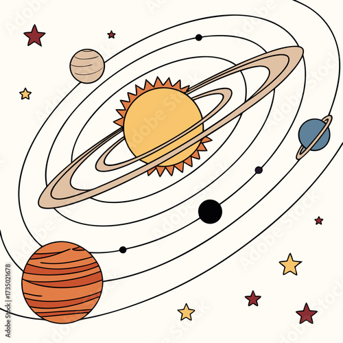 A cartoon solar system featuring planets with rings and orbits, stars, and celestial bodies in a whimsical and educational style